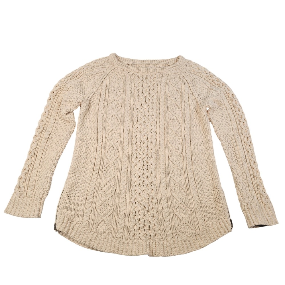 LL Bean Signature Womens Cream Cable Knit Cotton Side Zip Fisherman Sweater M